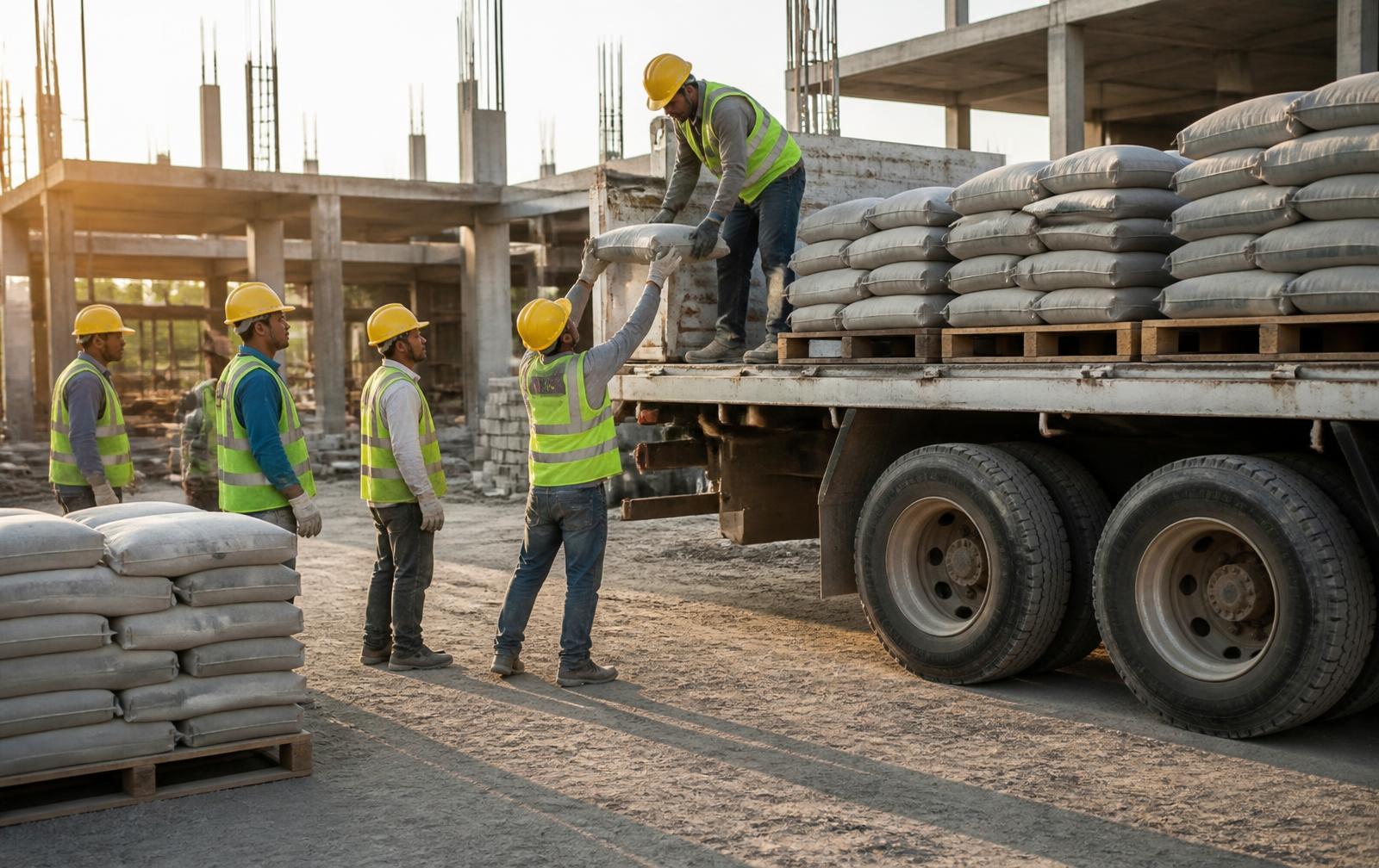 Descarga de pallets de cimento em obra